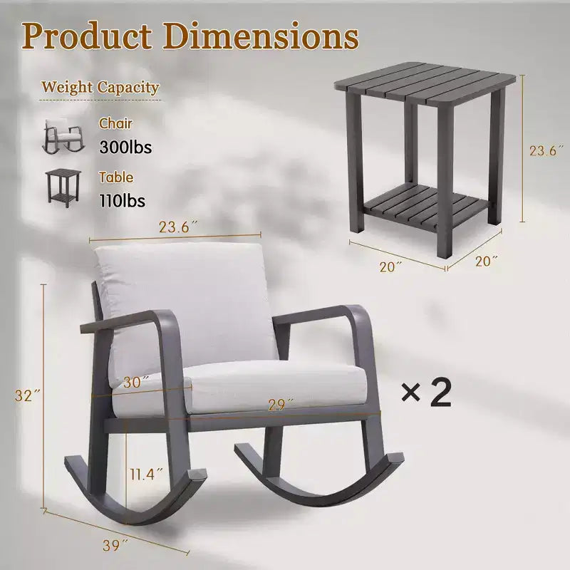 GDFStudio Malan Modern 3-Piece Aluminium Rocking Chair Set with Coffee Table