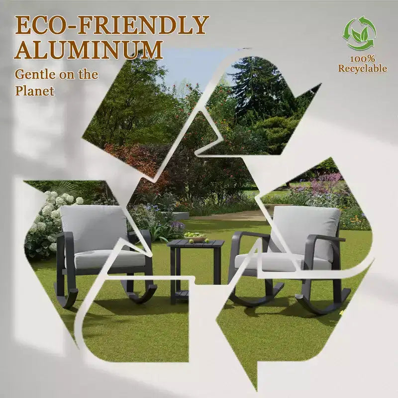 GDFStudio Malan Modern 3-Piece Aluminium Rocking Chair Set with Coffee Table