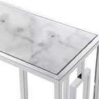 Tavolino a C in finto marmo cromato – Struttura argentata, piano bianco