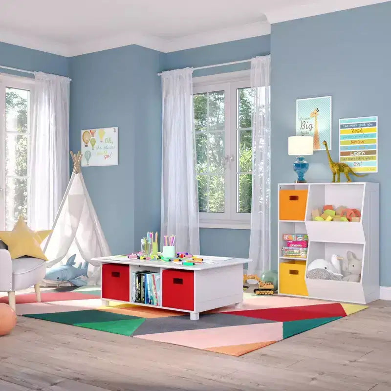 Tavolo attività per bambini con 6 scomparti e 2 contenitori in tessuto