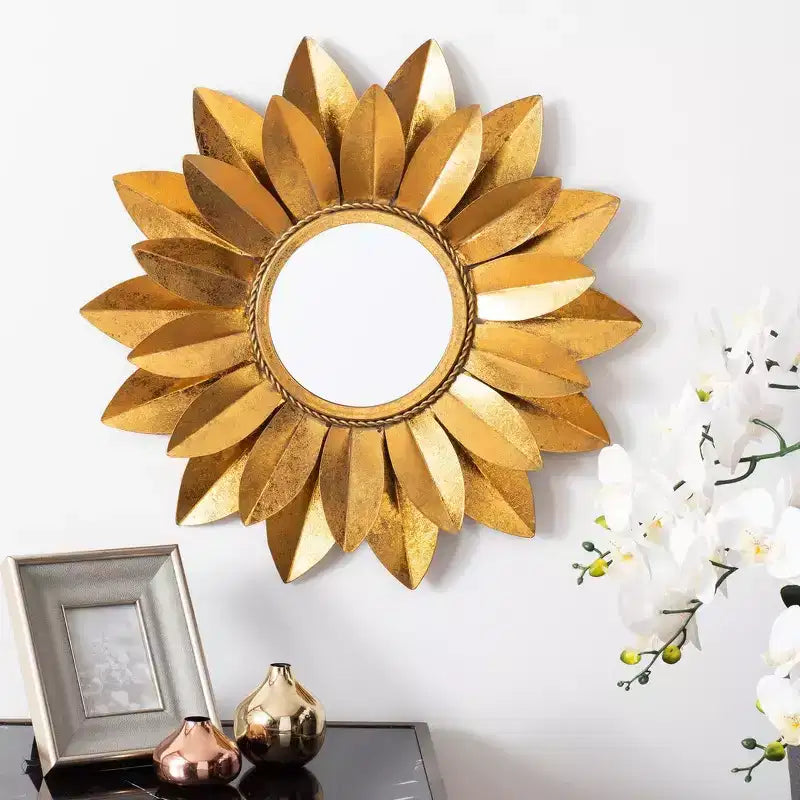 Specchio da parete Girasole – 25 x 25 cm, struttura in ferro, finitura dorata