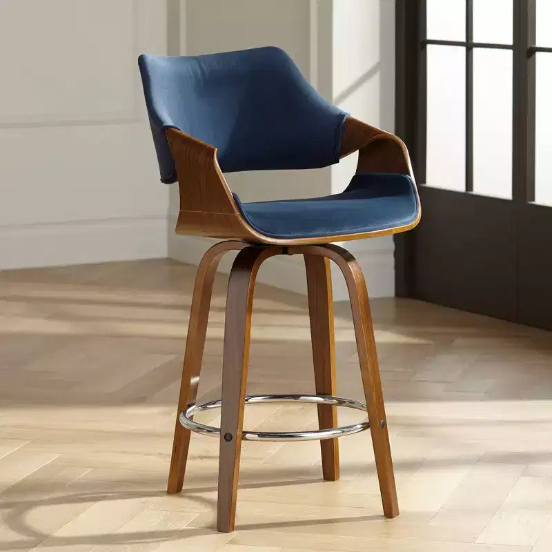 Sgabello da bancone girevole Mid-Century Modern con cuscino in velluto blu e struttura in noce