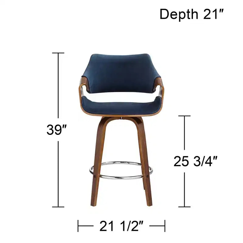 Sgabello da bancone girevole Mid-Century Modern con cuscino in velluto blu e struttura in noce