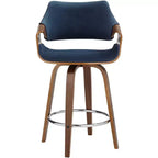 Sgabello da bancone girevole Mid-Century Modern con cuscino in velluto blu e struttura in noce