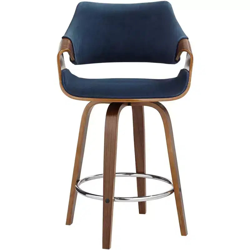 Sgabello da bancone girevole Mid-Century Modern con cuscino in velluto blu e struttura in noce