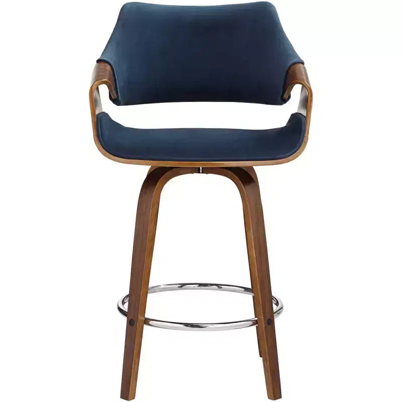 Sgabello da bancone girevole Mid-Century Modern con cuscino in velluto blu e struttura in noce