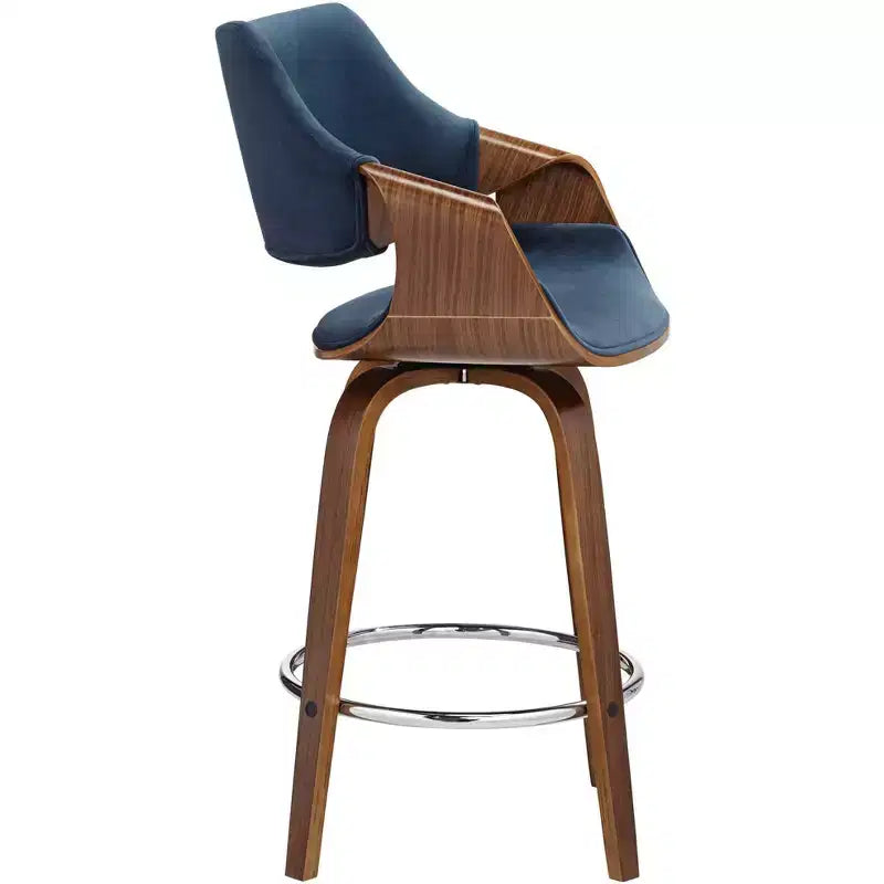 Sgabello da bancone girevole Mid-Century Modern con cuscino in velluto blu e struttura in noce