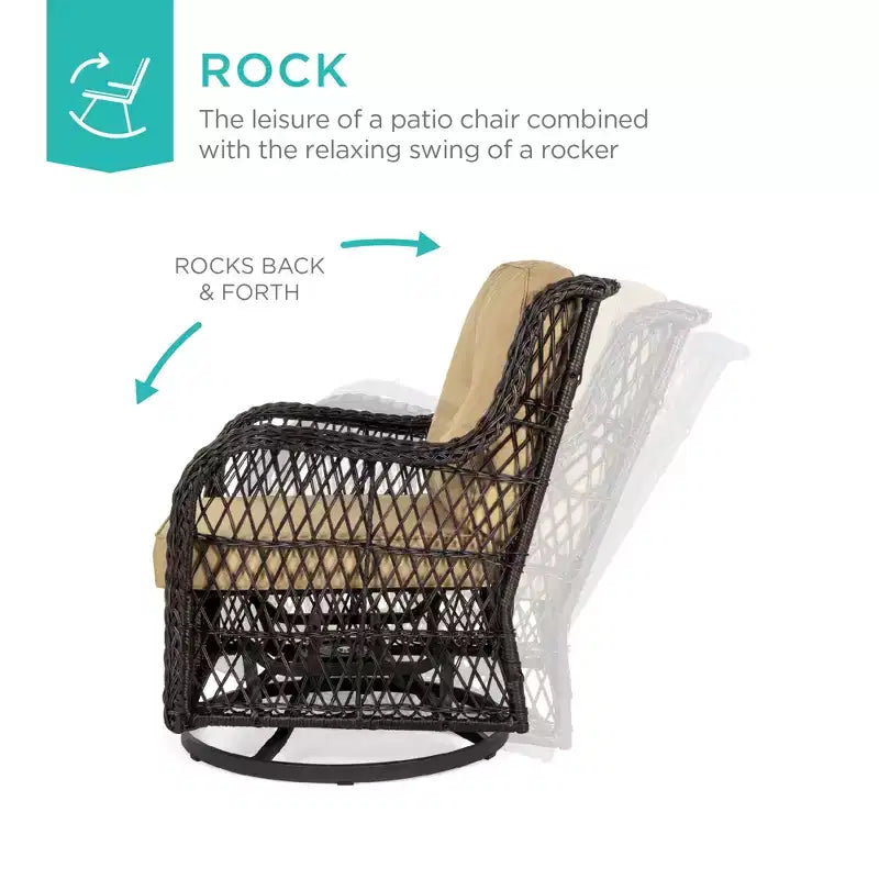 Set da bistrò a 3 pezzi in vimini per patio Best Choice Products con 2 sedie a dondolo girevoli ammortizzate, tavolino laterale