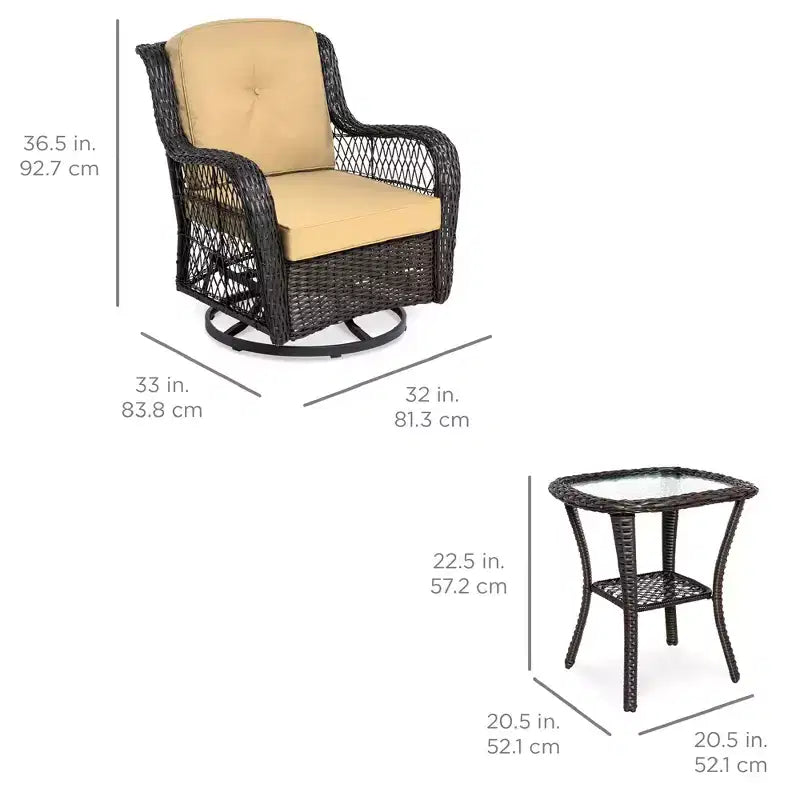 Set da bistrò a 3 pezzi in vimini per patio Best Choice Products con 2 sedie a dondolo girevoli ammortizzate, tavolino laterale
