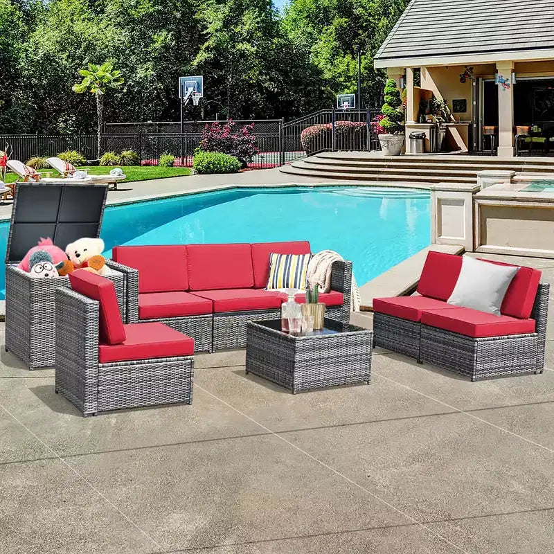 Costway 8 PCS Wicker Sofa Rattan Furniture Set Patio Furniture w/ Storage Table White\ Black\Turquoise\Red