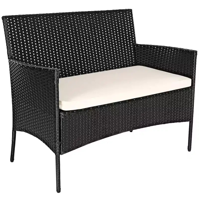 Set Mobili da Giardino in Rattan Costway 4 Pezzi con Divano Imbottito Tavolino da Caffè per Balcone Cortile Bianco