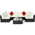Set di mobili da giardino in rattan a 7 pezzi Costway, divano componibile, cuscini, tavolo in vetro, struttura in acciaio