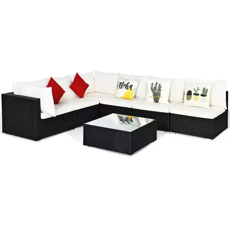 Set di mobili da giardino in rattan a 7 pezzi Costway, divano componibile, cuscini, tavolo in vetro, struttura in acciaio