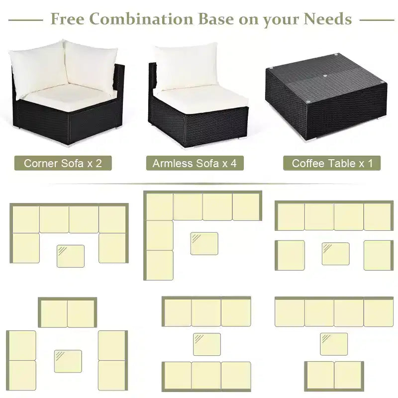 Set di mobili da giardino in rattan a 7 pezzi Costway, divano componibile, cuscini, tavolo in vetro, struttura in acciaio