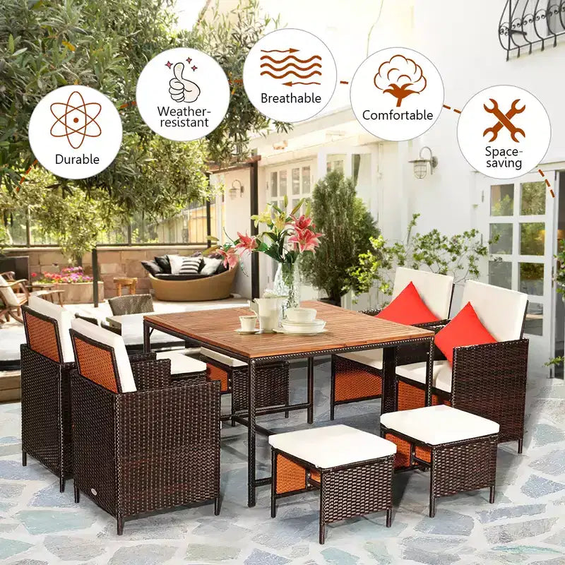 Set da pranzo da esterno in rattan con 9 pezzi in legno di acacia Costway, sedie imbottite e pouf