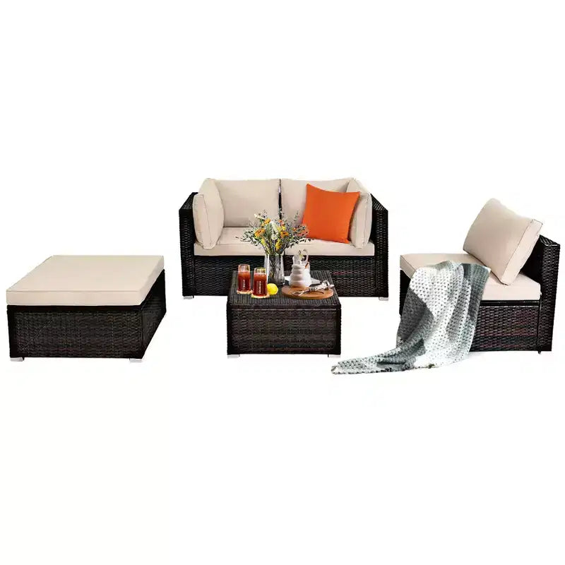 Costway 5PCS Patio Rattan Furniture Set Ottoman Table