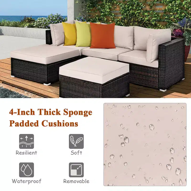 Costway 5PCS Patio Rattan Furniture Set Ottoman Table