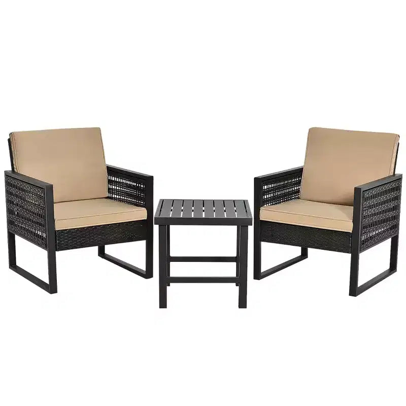 Costway 3PCS Patio Rattan Bistro Furniture Set Cushioned Sofa Chair Coffee Table Garden