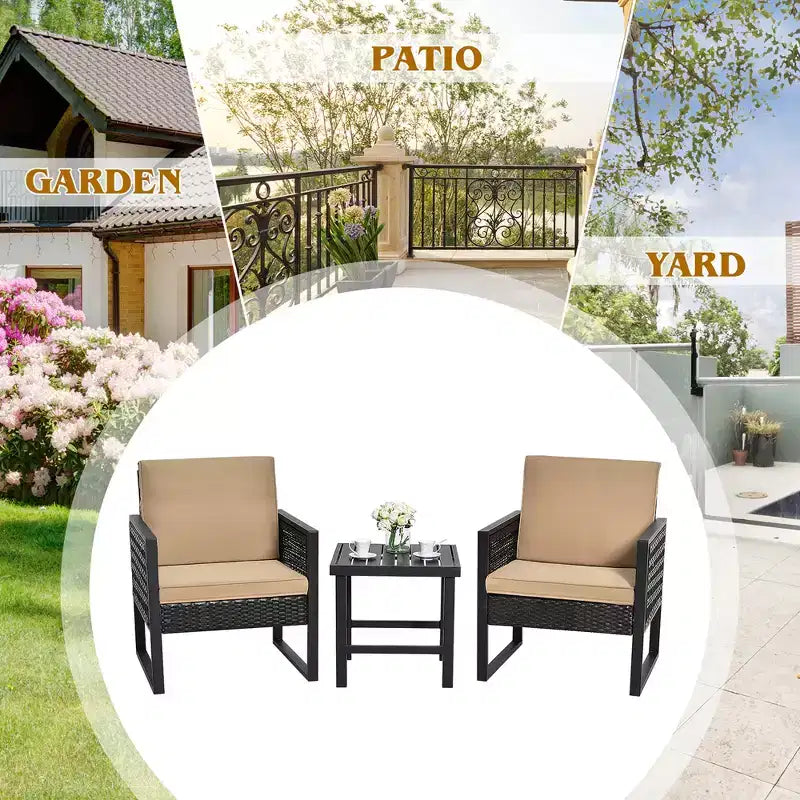 Costway 3PCS Patio Rattan Bistro Furniture Set Cushioned Sofa Chair Coffee Table Garden