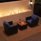 Costway 3 PCS Outdoor Patio Rattan Bistro Furniture Set Wooden Table Top Cushioned Sofa Black Brown