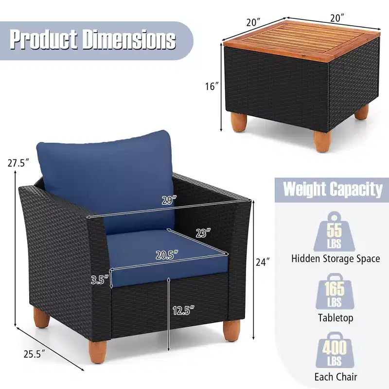 Costway 3 PCS Outdoor Patio Rattan Bistro Furniture Set Wooden Table Top Cushioned Sofa Black Brown