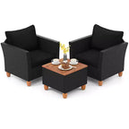 Costway 3 PCS Outdoor Patio Rattan Bistro Furniture Set Wooden Table Top Cushioned Sofa Black Brown