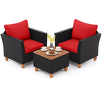 Costway 3 PCS Outdoor Patio Rattan Bistro Furniture Set Wooden Table Top Cushioned Sofa Black Brown