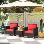 Costway 3 PCS Outdoor Patio Rattan Bistro Furniture Set Wooden Table Top Cushioned Sofa Black Brown