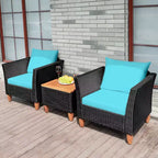 Costway 3 PCS Outdoor Patio Rattan Bistro Furniture Set Wooden Table Top Cushioned Sofa Black Brown