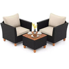 Costway 3 PCS Outdoor Patio Rattan Bistro Furniture Set Wooden Table Top Cushioned Sofa Black Brown