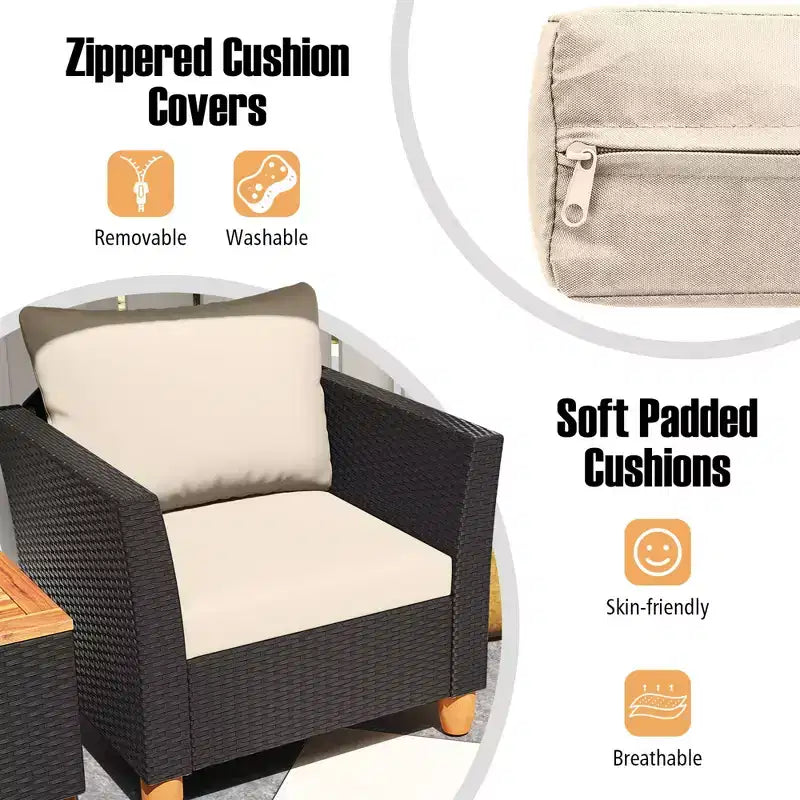 Costway 3 PCS Outdoor Patio Rattan Bistro Furniture Set Wooden Table Top Cushioned Sofa Black Brown