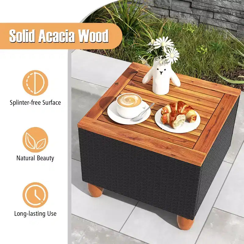 Costway 3 PCS Outdoor Patio Rattan Bistro Furniture Set Wooden Table Top Cushioned Sofa Black Brown