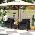 Costway 3 PCS Outdoor Patio Rattan Bistro Furniture Set Wooden Table Top Cushioned Sofa Black Brown