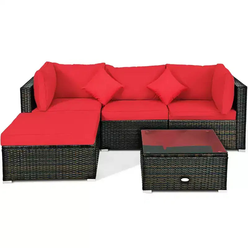 Costway Set di 5 Pezzi di Mobili per Esterni in Rattan, Divano Sezionale con Cuscini Rossi