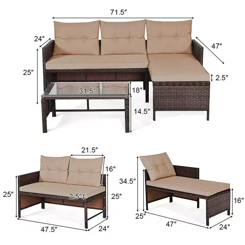Costway 3PCS Patio Wicker Rattan Sofa Set Outdoor Sectional Conversation Set