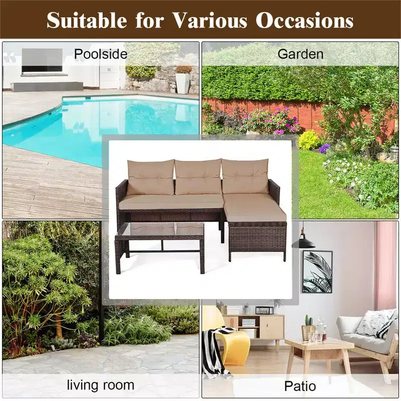 Costway 3PCS Patio Wicker Rattan Sofa Set Outdoor Sectional Conversation Set