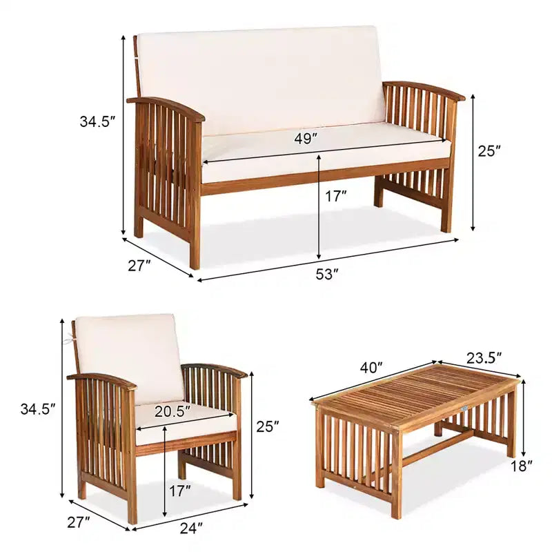 Set di mobili da patio Costway 4 pezzi in legno massello con tavolo da caffè e cuscino bianco