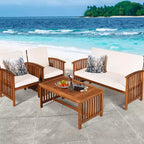 Set di mobili da patio Costway 4 pezzi in legno massello con tavolo da caffè e cuscino bianco