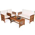 Set di mobili da patio Costway 4 pezzi in legno massello con tavolo da caffè e cuscino bianco