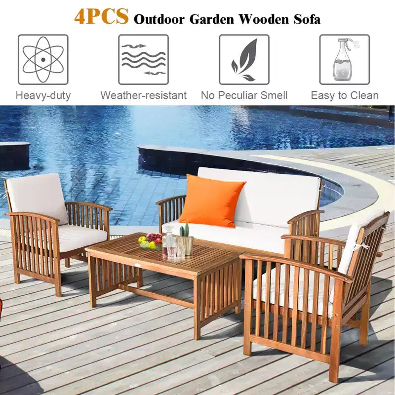 Set di mobili da patio Costway 4 pezzi in legno massello con tavolo da caffè e cuscino bianco