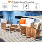 Set di mobili da patio Costway 4 pezzi in legno massello con tavolo da caffè e cuscino bianco