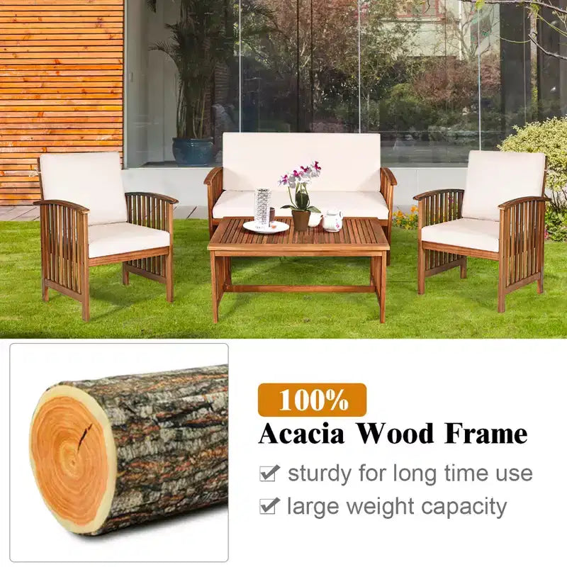 Set di mobili da patio Costway 4 pezzi in legno massello con tavolo da caffè e cuscino bianco
