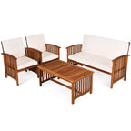 Set di mobili da patio Costway 4 pezzi in legno massello con tavolo da caffè e cuscino bianco
