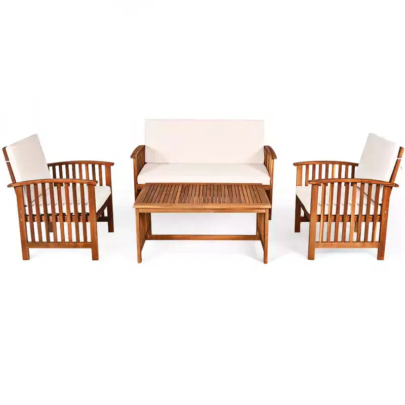 Set di mobili da patio Costway 4 pezzi in legno massello con tavolo da caffè e cuscino bianco