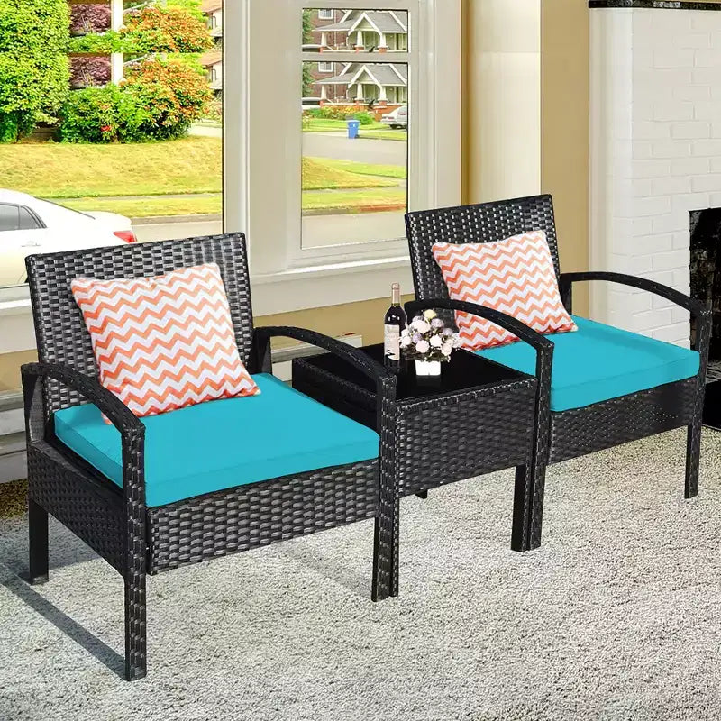 Costway Set Mobili da Giardino in Rattan 3 Pezzi Tavolino Divano con Cuscini