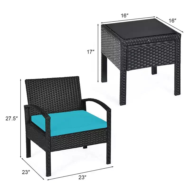 Costway Set Mobili da Giardino in Rattan 3 Pezzi Tavolino Divano con Cuscini