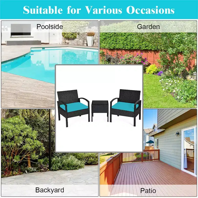 Costway Set Mobili da Giardino in Rattan 3 Pezzi Tavolino Divano con Cuscini