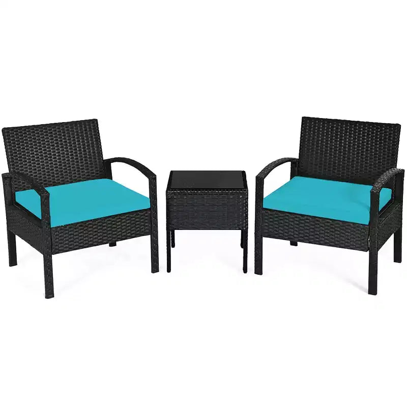 Costway Set Mobili da Giardino in Rattan 3 Pezzi Tavolino Divano con Cuscini