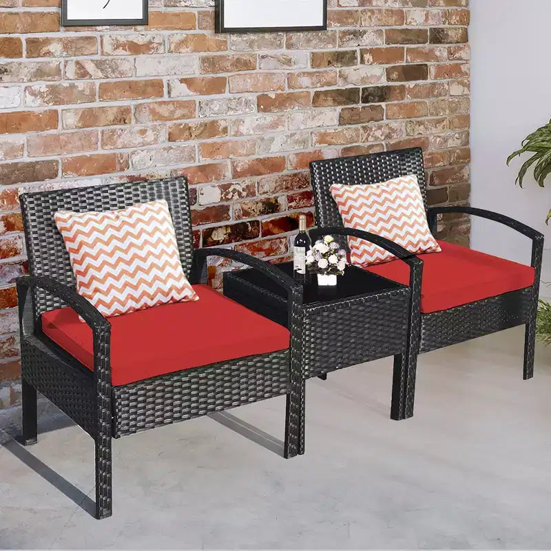 Costway Set Mobili da Giardino in Rattan 3 Pezzi Tavolino Divano con Cuscini