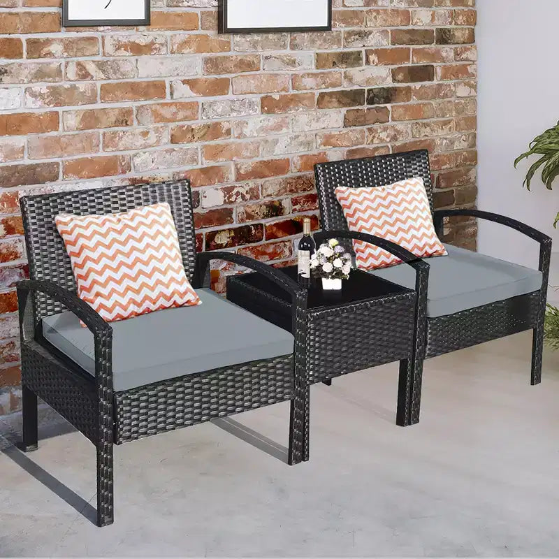 Costway Set Mobili da Giardino in Rattan 3 Pezzi Tavolino Divano con Cuscini